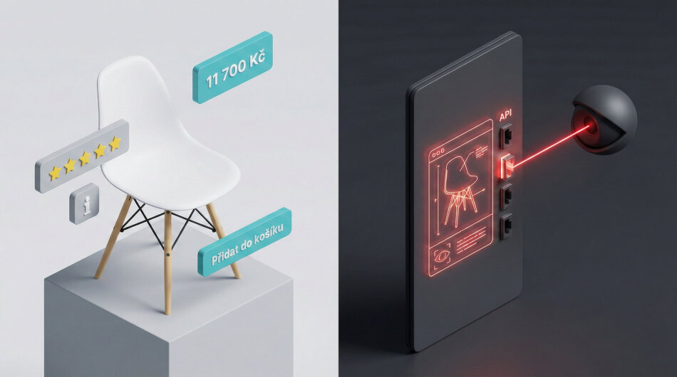 Vizualizace UCP: Vlevo židle Eames pro lidské oko, vpravo datový manifest pro AI agenty.